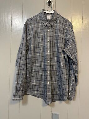 Brooks Brothers 1818 Regent Plaid Gray Blue Cotton Non-Iron Shirt Men's L